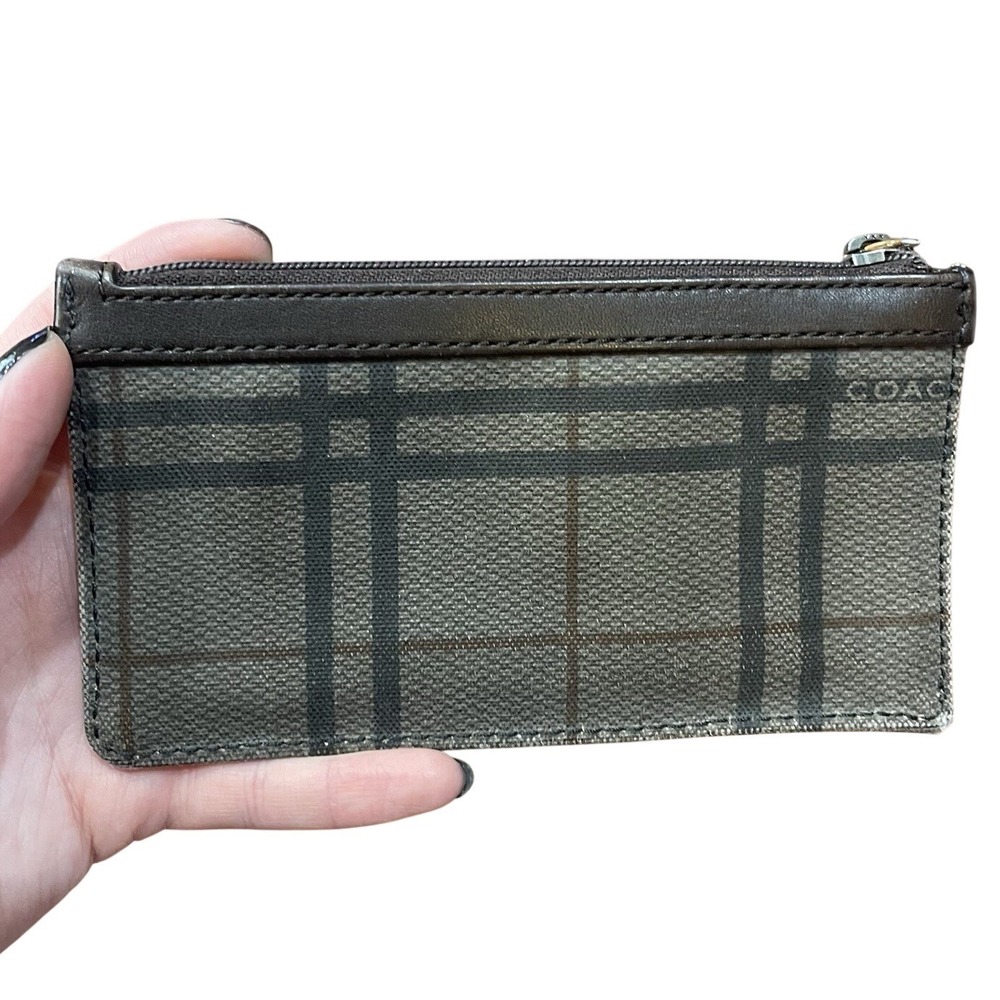 Coach Mini Skinny ID Card Case Wallet‎ Plaid Coin Purse Leather Brown